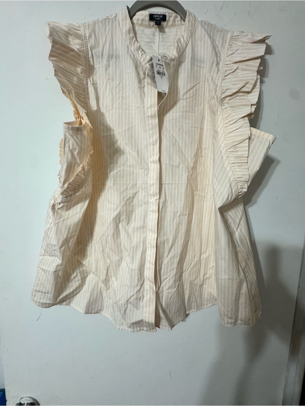 Express Cream Ruffle Cap-Sleeve Button Front Top